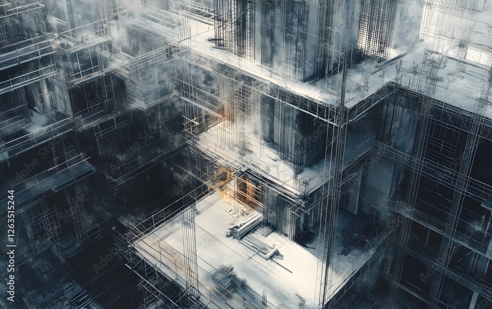 Poster an abstract representation of modern architecture, showcasing a high-rise structure with intricate d