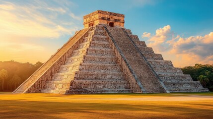 Mayan pyramid of Chichen Itza glowing in golden light under blue sky