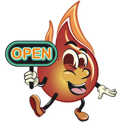 cute fire vektor illustration mascot character showing a sign that says open, work of hand drawn