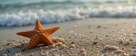 A starfish is laying on the sand at the beach