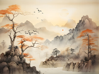 Rugged mountain landscape in the Japanese mountains. Japan traditional sumi-e ink painting.