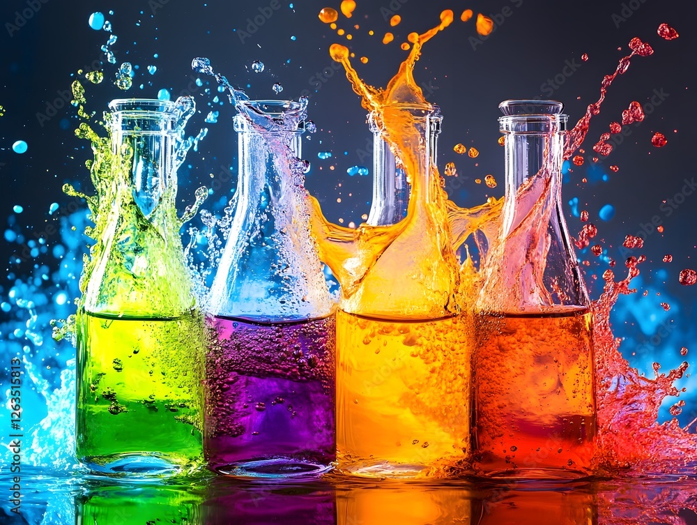 Poster vibrant splash of colorful liquids in glass bottles creating dynamic patterns, showcasing the beauty
