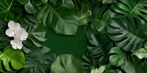 Fototapeta premium Lush green leaves frame white orchids; tropical background