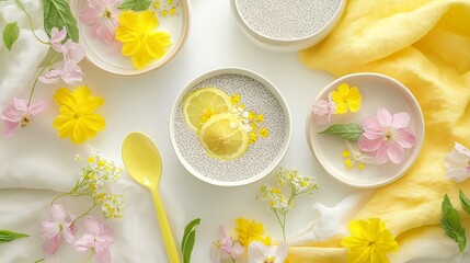 A spring-themed honey-lemon chia pudding bowl surrounded by blooming flowers, pastel-colored dishes, and a bright yellow napkin, isolated on a soft white background