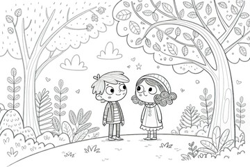 Coloring page with a boy and a girl in the forest