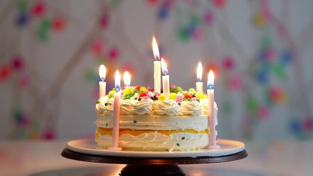 The festive cake is decorated with whipped cream, berries and burning candles. The warm light of the fire creates a cozy atmosphere, and the colorful background adds joy to this special moment of cele