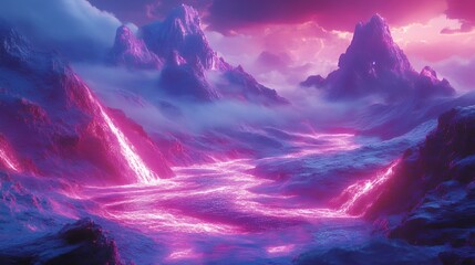 Fototapeta premium Ethereal Landscape with Pink Lava Flowing Through Majestic Mountains