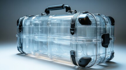 Transparent suitcase with a black frame and visible compartments on a white background