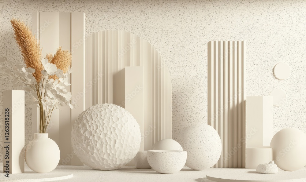 Poster a 3d render featuring an abstract background with white geometric shapes.