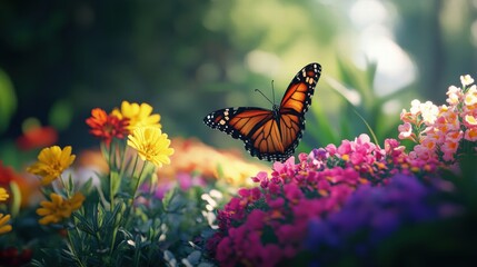 Butterfly Hovering Near a Colorful Garden Bed