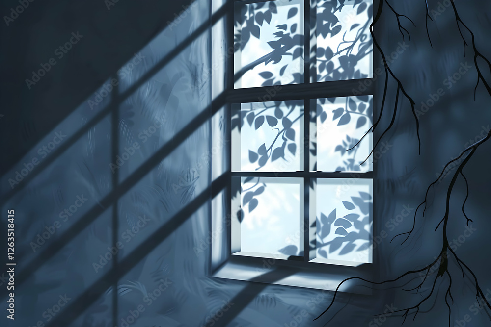 Aufkleber a serene window scene with shadows of leaves and branches, creating a tranquil atmosphere