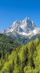 Obraz premium Majestic snow-capped mountain, green forest, sunny day, travel poster