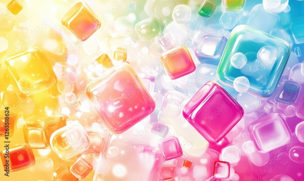 Poster a background design with an abstract 3d render of vibrant bubbles and cubes.