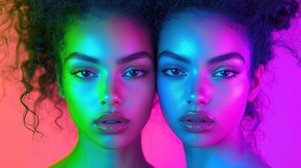 Obraz premium Vibrant Portrait of Two Diverse Women with Colorful Neon Lighting