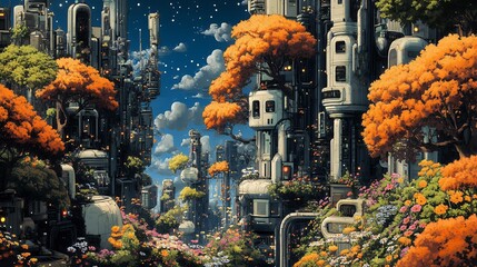 Obraz premium Futuristic Cityscape with Colorful Trees and Vibrant Flowers at Night