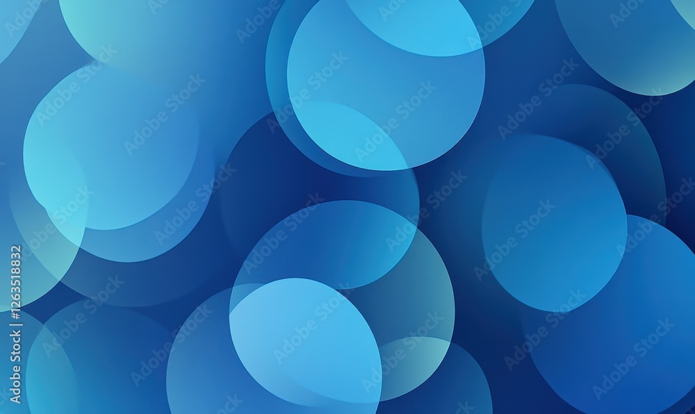 Poster a background with abstract circles in multiple sizes and shades of blue overlapping each other.