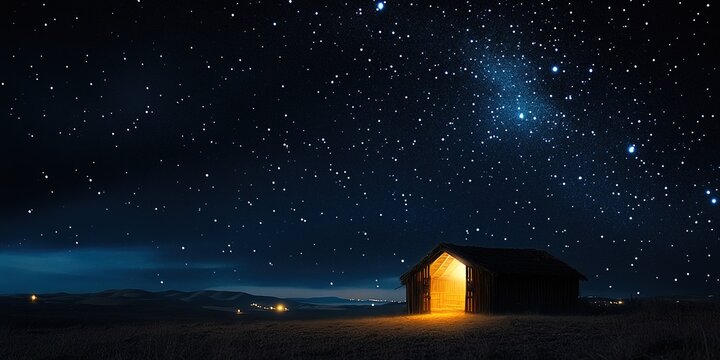 Christmas night with a starry sky and the stable where Jesus was born