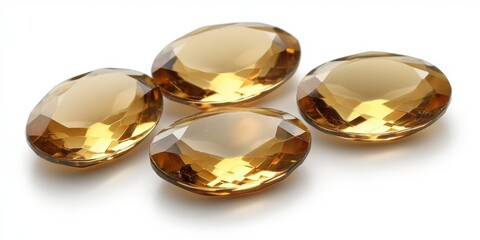 A golden-brown gemstone gleams on a pristine white surface, its smooth, lustrous surface reflecting light into a radiant, warm glow