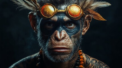 Majestic Monkey Portrait with Tribal Accents and Unique Accessories