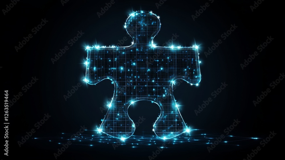 Poster glowing digital puzzle piece on dark background, abstract concept with connected lines and dots