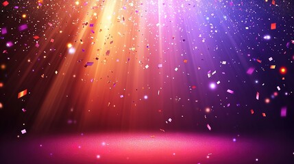 festive background with rays of light on a dark blue, purple and red background with flashes of light, stars and confetti