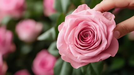 Hand holding a pink rose close-up floral photography natural setting intimate viewpoint beauty concept