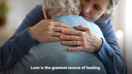 Family member hugging cancer patient with soft light and motivational text overlay