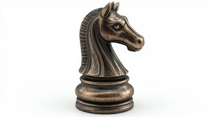Intricate bronze knight chess piece showcasing fine craftsmanship on white background