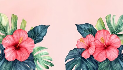 Watercolor Illustration, Lush Tropical Flowers, Pink Background, Floral Decoration Element