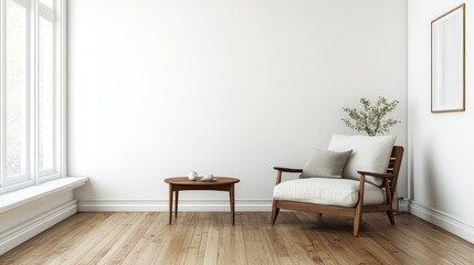 Interior of modern living room with white walls, wooden floor, a fireplace and wooden armchair standing near small coffee table. 3d rendering