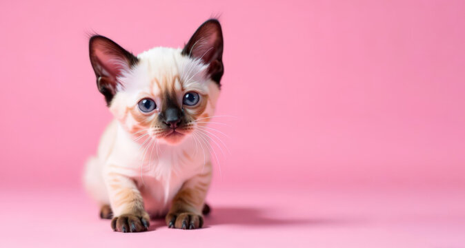 Portrait of cute Siamese kitten with pink little Vov he some he clean vnit background on left side