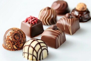 Collection of chocolate candies with decorative toppings on a white background, with full depth of field, focusing on the intricate details