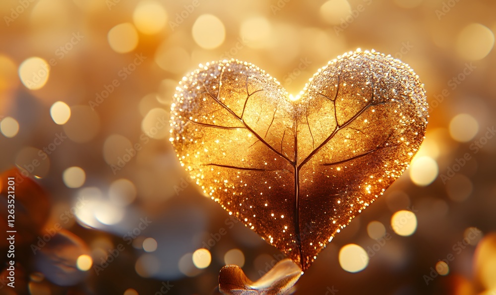 Poster golden leaf in heart shape with bokeh background and glittery effect, 8k resolution