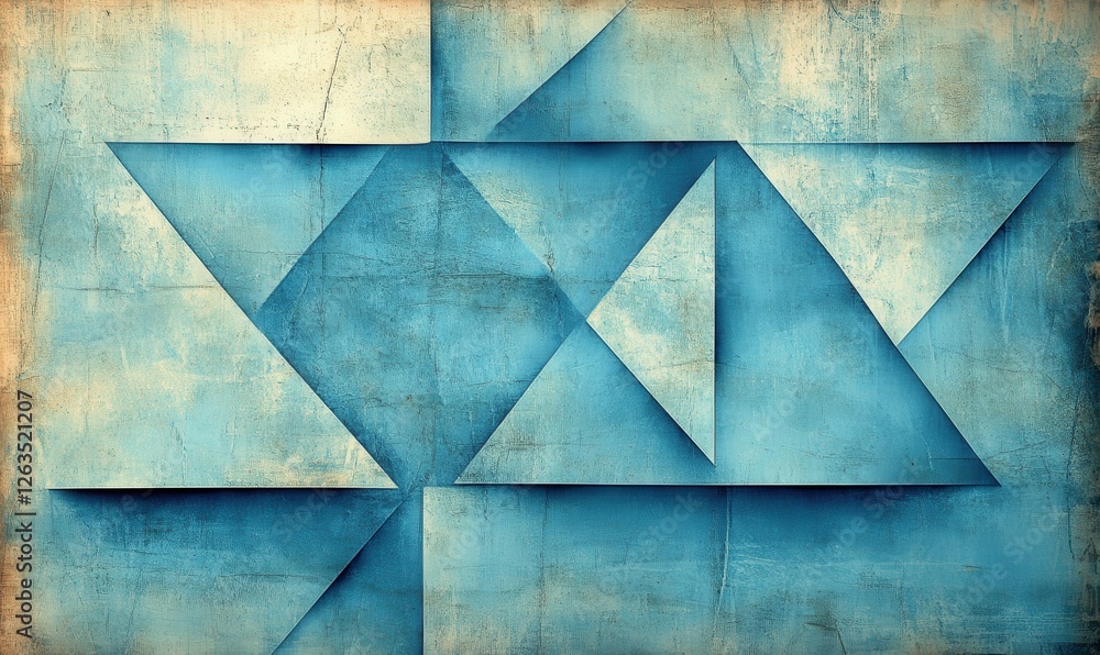 Poster a grunge-style abstract background with a geometric arrangement of overlapping blue triangles.