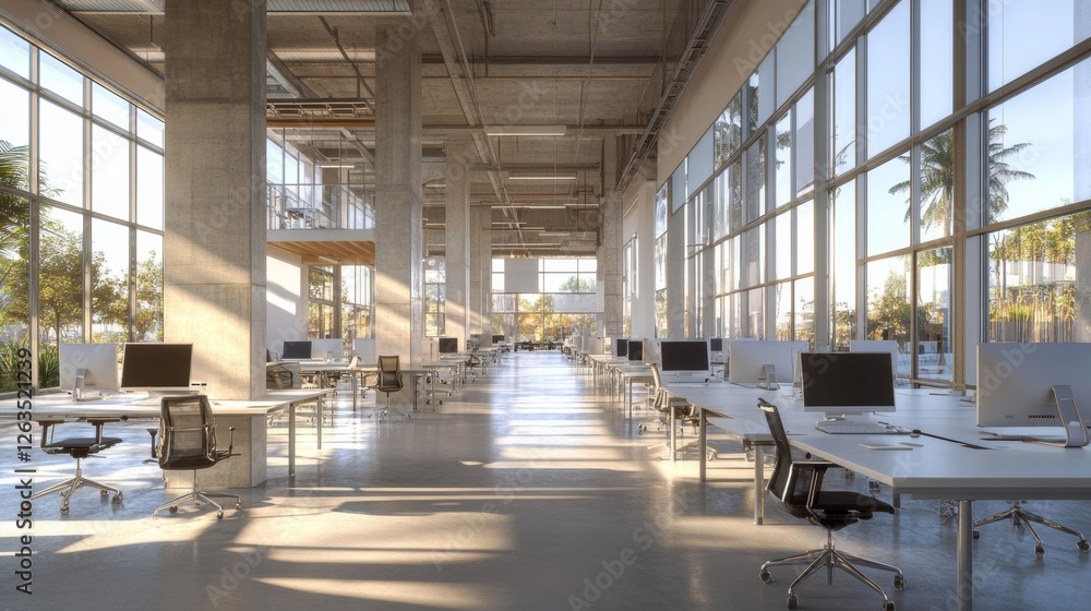 Poster corner of modern industrial style open space office with white walls, concrete floor, rows of comput