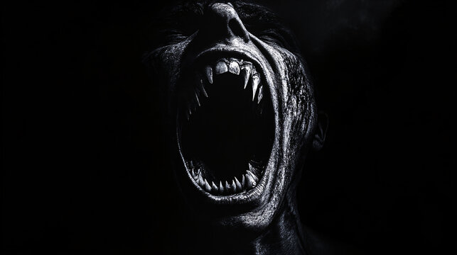 A terrifying black and white close-up of a monstrous creature with sharp fangs wide open mouth and deep shadows creating a dark horror theme

