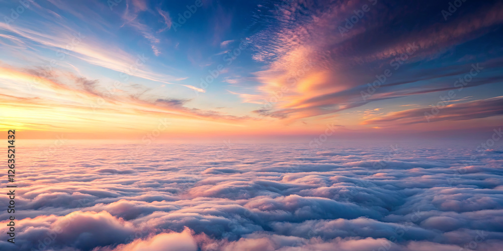 Poster a breathtaking view features a colorful sunset above a dense layer of fluffy clouds, casting warm hu