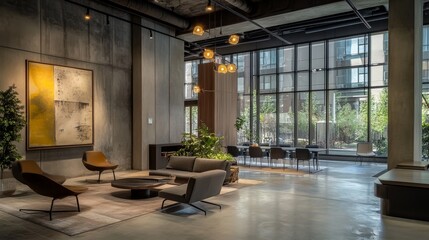 Dark gray office lobby with a concrete floor, loft windows and a glass wall. There is a large vertical poster and a meeting room. 3d rendering mock up