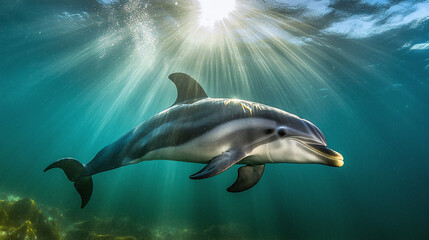 Fototapeta premium Underwater view of a dolphin swimming in the sea, sun is shining through the water surface.