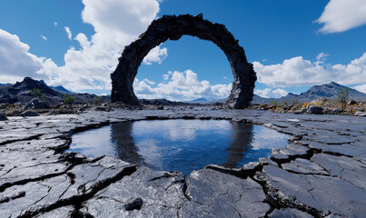 Fototapeta premium Breathtaking Natural Arch and Reflective Pool Amidst Rocky Landscape Under a Vibrant Sky with Fluffy Clouds and Mountain Backdrop