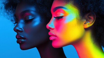 Obraz premium Vibrant Dual Portrait of Diverse Women with Colorful Neon Glow