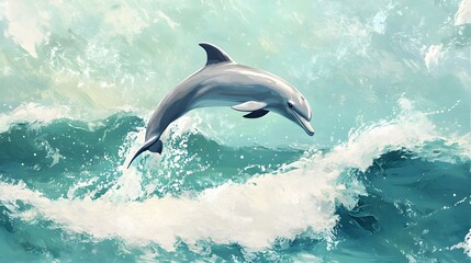 Dolphin Oil Painting Jumping in the Sea, Abstract Image, Texture, Pattern Background, Wallpaper, Cover and Screen for Smartphone, PC, Laptop, 9:16 and 16:9 Format
