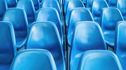 Fototapeta premium Blue plastic chairs in rows with metal legs on a matching blue background, showcasing repetition and simplicity in design.