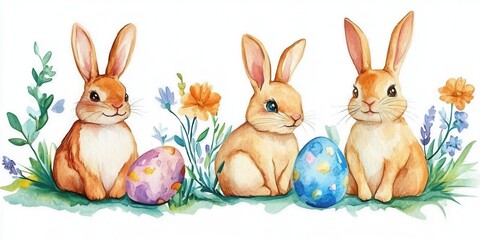Fototapeta premium Three bunnies sit closely together, surrounded by colorful painted eggs, embodying a festive and playful atmosphere.
