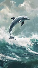 Fototapeta premium Dolphin Oil Painting Jumping in the Sea, Abstract Image, Texture, Pattern Background, Wallpaper, Cover and Screen for Smartphone, PC, Laptop, 9:16 and 16:9 Format