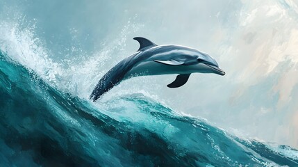 Fototapeta premium Dolphin Oil Painting Jumping in the Sea, Abstract Image, Texture, Pattern Background, Wallpaper, Cover and Screen for Smartphone, PC, Laptop, 9:16 and 16:9 Format