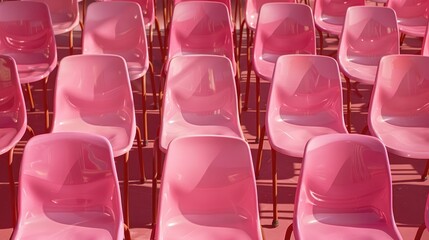 Fototapeta premium Pink plastic chairs with metal legs, arranged in rows, demonstrate the repeatability and simplicity of the design.