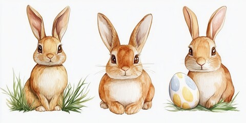 Obraz premium Three whimsical watercolor rabbits are nestled in vibrant grass, joyfully surrounded by colorful Easter eggs, embodying the spirit of springtime festivities.