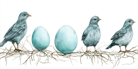 Fototapeta premium Three colorful birds perch beside a blue egg on a branch, creating a serene and charming nature scene.