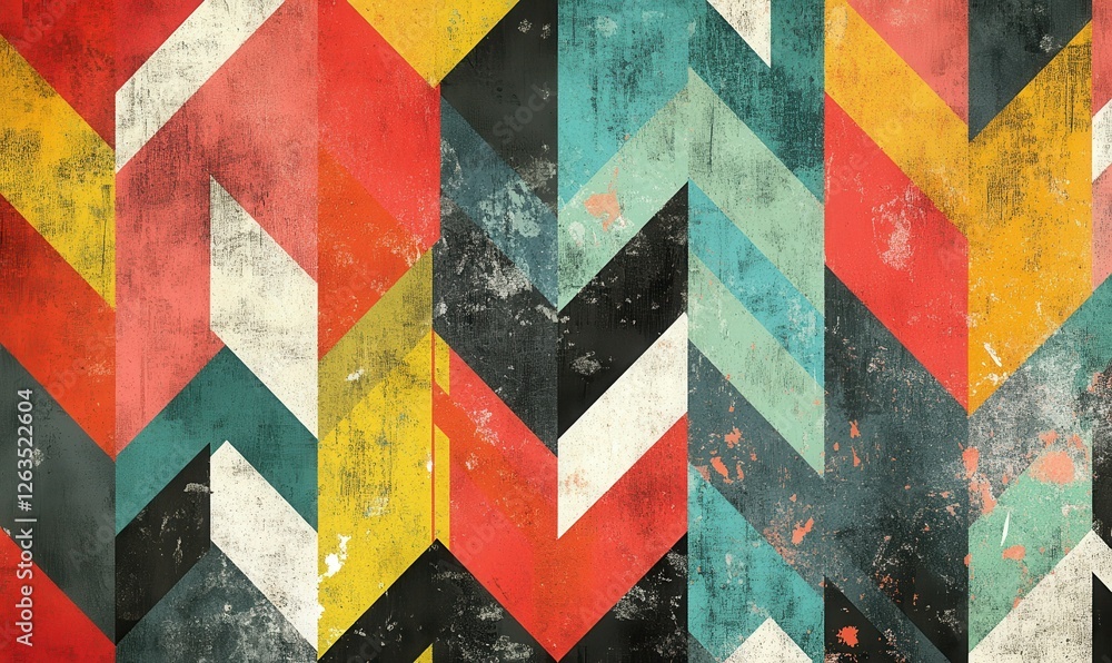 Poster a colorful geometric pattern with arrows and a textured background.